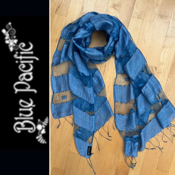 Blue Pacific Accessories - 🪺New HAND WOVEN SILK PANEL SCARF/SHAWL-by BLUE PACIFIC | Vintage Denim Blue